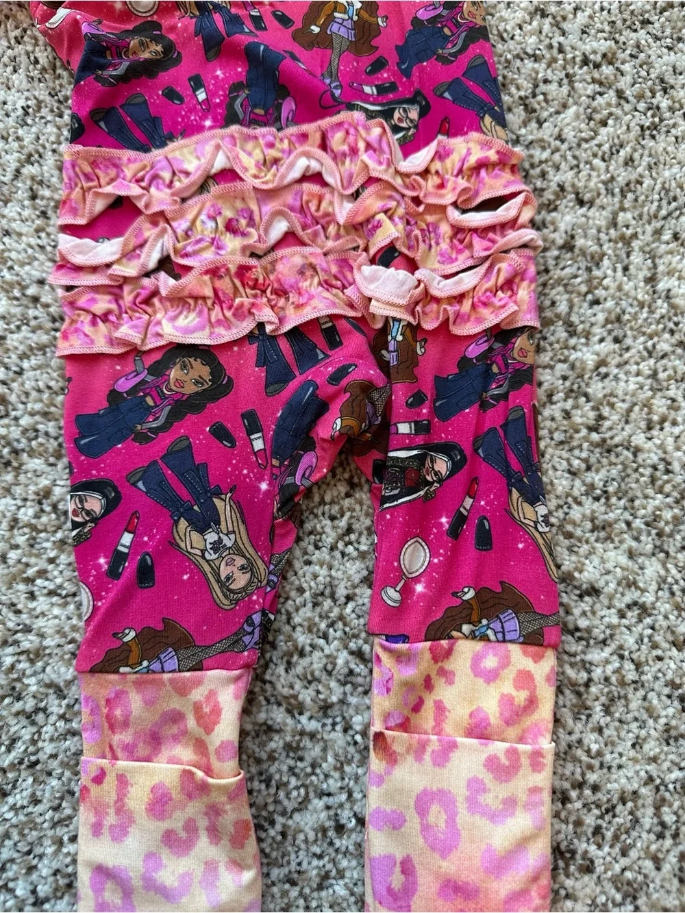 Kids' Hot Pink Character Print Convertible Bamboo Romper with Ruffle Butt & Trim